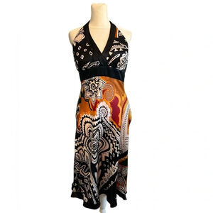 Cache Black and Orange Patterned Midi Dress